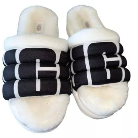 NEW UGG Maxi Slide Logo White Padded Sheepskin Lightweight Platform Sandals SZ-6