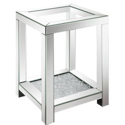 Mozzi Mirrored End Table with Glass Top and Acrylic Crystals Silver - Coaster