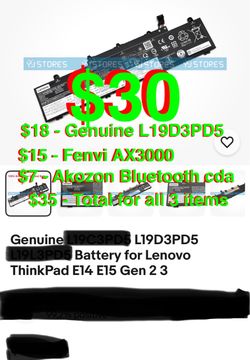 Genuine  L19D3PD5 Battery for Lenovo ThinkPad E14 E15 Gen 2 3. $18 FENVI WiFi 6 AX200 PCle Card, 3000Mbps, Ultra Low Latency, Win10/11 Intel AX200 Chi