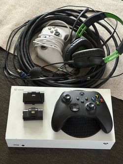 Xbox Series S 356GB SSD with 2 controllers, power cord, 12ft hdmi, 2 rechargeable batteries, and headset