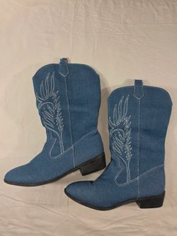Blue Denim Cowgirl Boots Western Embroidered Stitch Mid Calf Low Heel Size 8 39