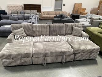 NEW LARGE Gray Sectional Sofa and TWO CHAISE Lounge Set Pullout Sleeper Bed Convertible Under Seat Grey Brown Fabric IKEA Style Living room BIG Space