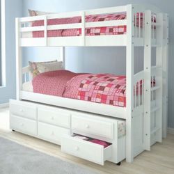 Brand New White Twin Size Bunk Bed w Trundle Bed + Drawers 