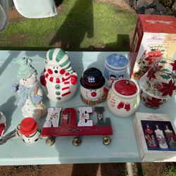 Lot of vintage Christmas hallmark plus new items, lot cookie jars, snowman and more