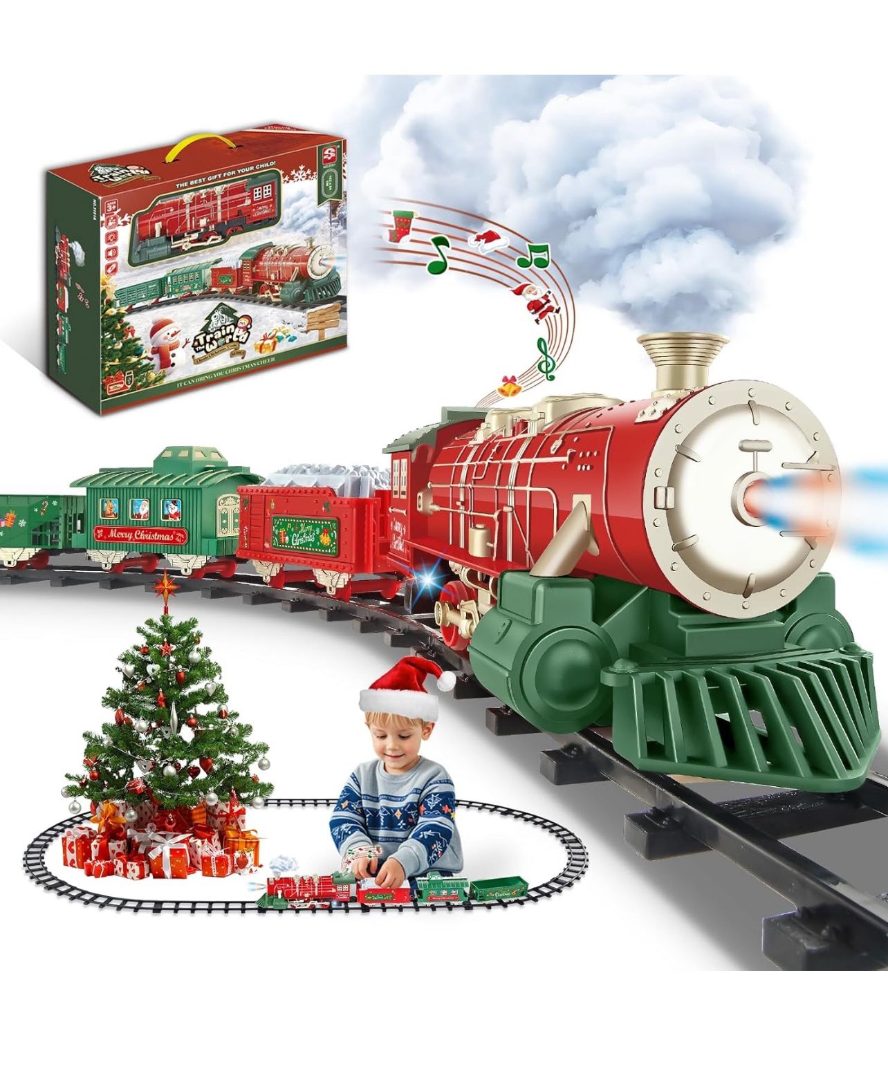 Brandnew Christmas Train Set for Around Tree with Sounds, Lights & Smoke - Toddler Electric Train Toys w/ 3 Cars and 14 Tracks, Steam Train Set for 3-