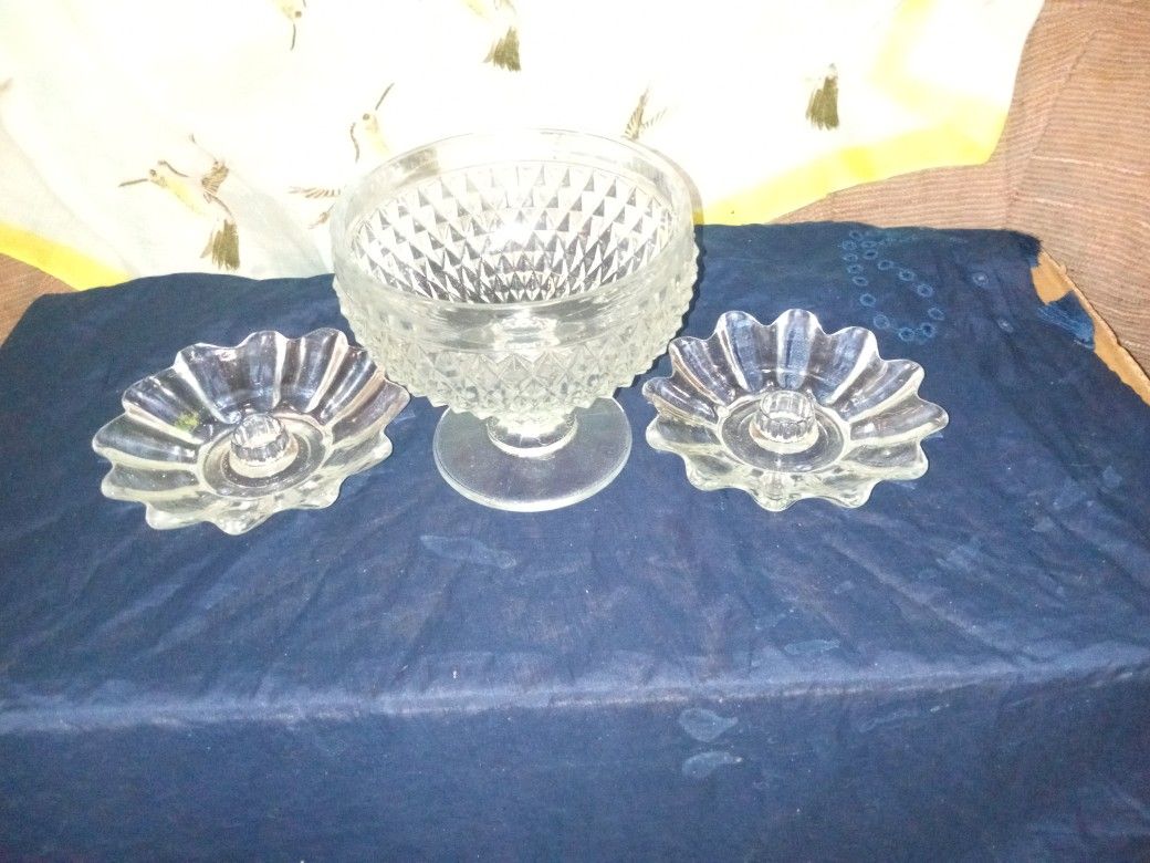 Vintage Crystal Candleholders And Fish Bowl