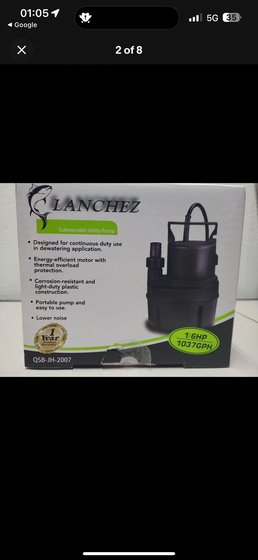 Submersible Utility Pump 1/6 HP 1037 GPH Pool Garden QSB-JH-2007 Lanchez New