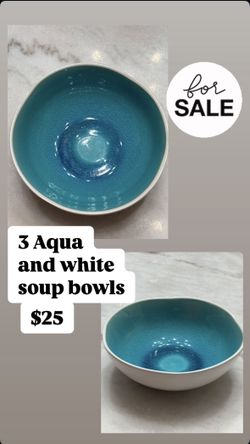 3 Aqua And White Soup Bowls