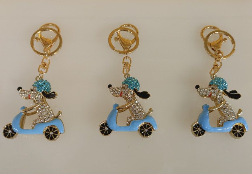 Jeweled / Rhinestone Keychain _ Dog / Puppy & Scooter ( NEW ) blue & gold