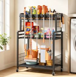 Broom and Mop Holder, 3-Tier Rolling Cleaning Supplies Organizer with Wheels