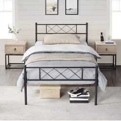 Twin Metal Platform Bed Frame Mattress Foundation with Headboard and Footboard No Box Spring Needed Under Bed Storage Steel Slats Black
