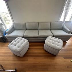vintage faded blue Sofa with Two Ottomans