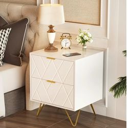 White Night Stands for Bedrooms  Modern Bedside Table with 2 Drawers Storage, Wood Nightstand End Side Tables with Golden Metal Legs for Bedr