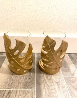 2 Beautiful Gold Monstera Leaf Candle Holders