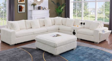 White Corduroy Sectional Sofa with Ottoman