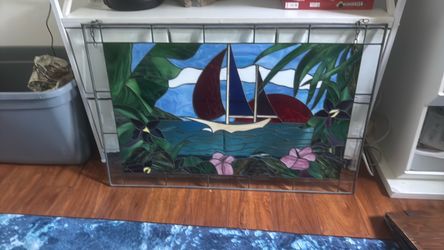 Stained Glass Sailboat Panel with Chain Hanger