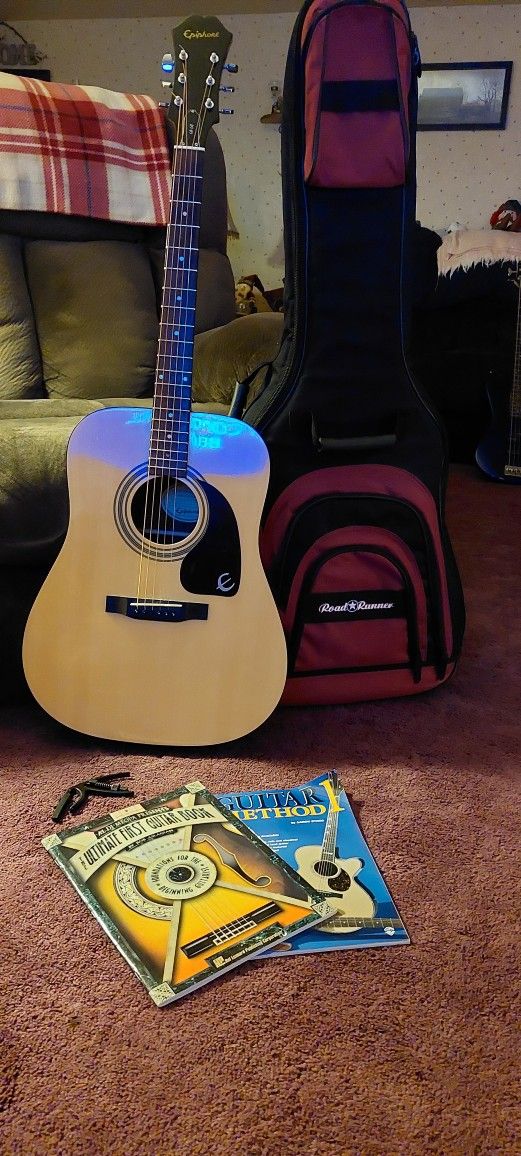 Epiphone PR150 NA Acoustic Guitar, Guitar Case, Books & Tool