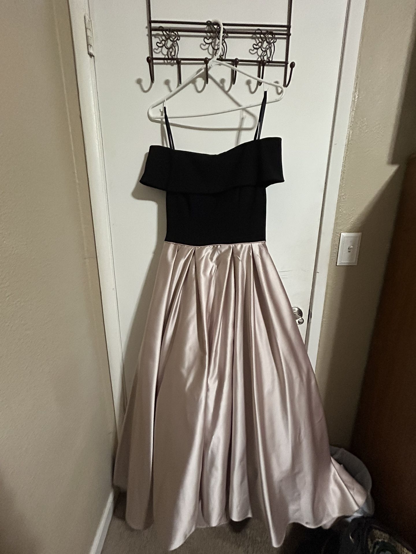 Betsy & Adam Pink and Black Off the Shoulder Ball Gown