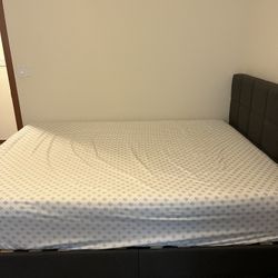 Blackstone 12inch Queen Memory Foam Mattress and Grey Platform Bed - upholstered headboard, sides. 