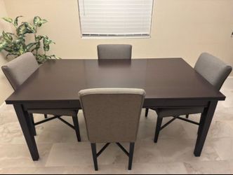 · • Wenge Dinex Sami Extendable Dining Table (71"–110") with 4 Dark Gray Alcor Chairs