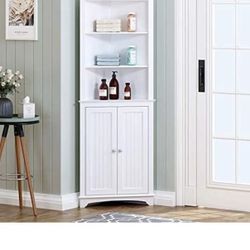 Spirich Tall Corner Cabinet with Doors and Shelves, Freestanding Corner Storage Cabinet for Bathroom, Kitchen, Living Room, White