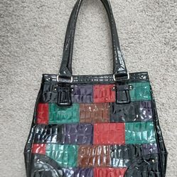 Liz Claiborne Patchwork Faux Patent Vegan Leather Tote Handbag Bag Color Block