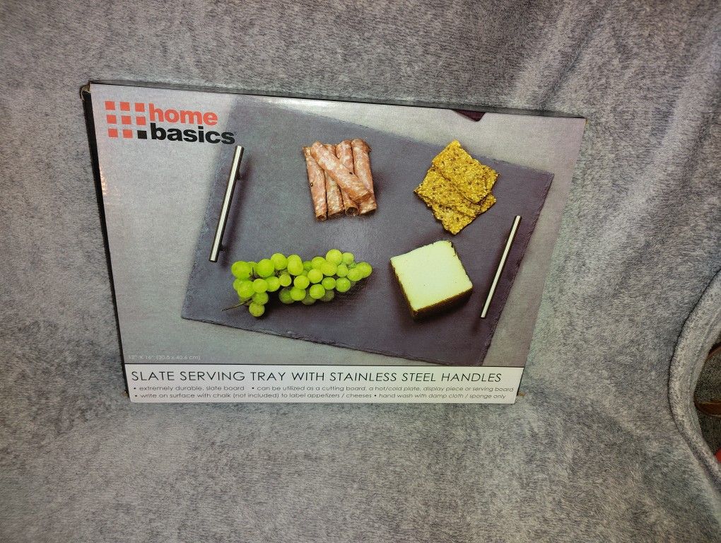 SLATE SERVING TRAY WITH STAINLESS STEEL HANDLES
