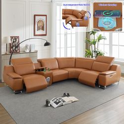 Orange Leather Sectional - Contemporary style intelligent living room sofa set