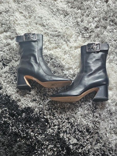 Alberta Ferretti Sz 41 Black Leather Chunky Heel Boots W/ Silver Logo Buckle