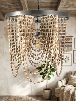 Modern Natural Wood Bead Chandelier – Silver Finish – New in Box