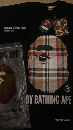 BAPE black plaid t-shirt with red, beige, and white stripes