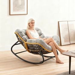 Oversized Rocking Chair,Outdoor/Indoor Patio Papasan Rocker with Thick Cushion, Rattan Wicker Lounge Egg Chair for Bedroom, Living Room, Porch, Garden