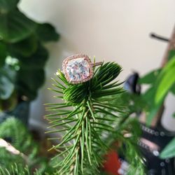 Flawless Moissanite Engagement Ring • Diamond Halo • Cushion Cut • 14K Rose Gold • Forever One Certified Clarity • Size 5.25US