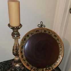 X3 VINTAGE ORNATE GOLD BRONZE FOOTED CANDLE PILLER HOLDER TUSCANY PLATE DISH TABLE DECOR DISPLAY