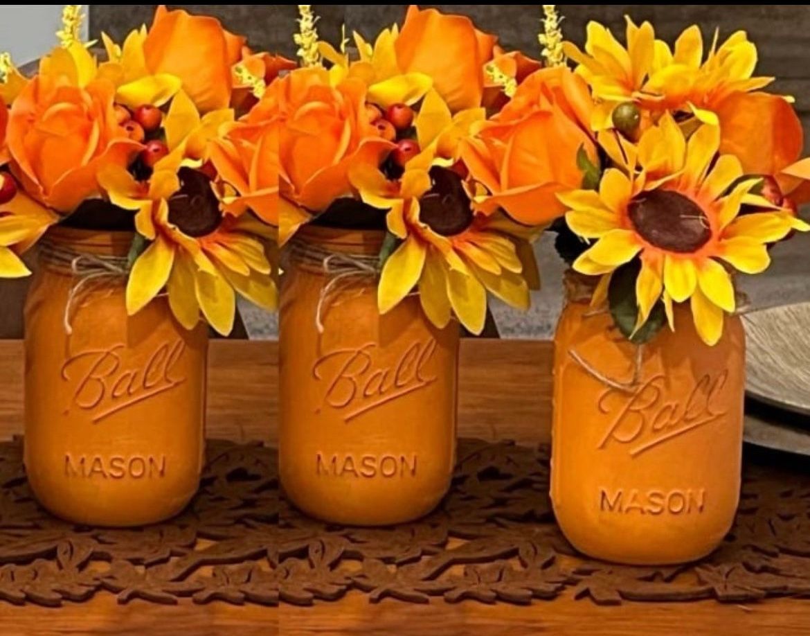 Chalk painted distressed mason jars wedding fall gift - SUNFLOWER ORANGE ROSES