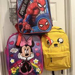 Disneys Minnie Mouse , Spiderman, Adventure Time Jake The Dog  Backpack Each $20 Firm Loma Linda ( All New)