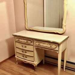 French provincial table, dresser with mirror. Rare vintage furniture.