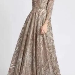 Mac Duggal Dress 79261 Mocha Sequin Long Sleeve Bateau A-Line Size 14 $798