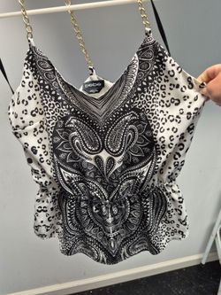 Bebe Black & White Paisley Chain Strap Top
