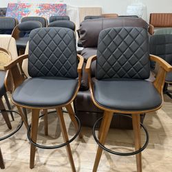 Set of 2 Bar Height Bar Stools - 29.12 inch Swivel Bar Stools with Curved Back and Arms, Walnut Craftsmanship, Upholstered Seat, Mid Century BarStools