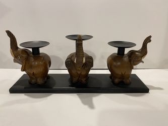 Vintage Trio Carved Wooden Elephants Trunks Up Pillar Candle Holder / Trinket Dish