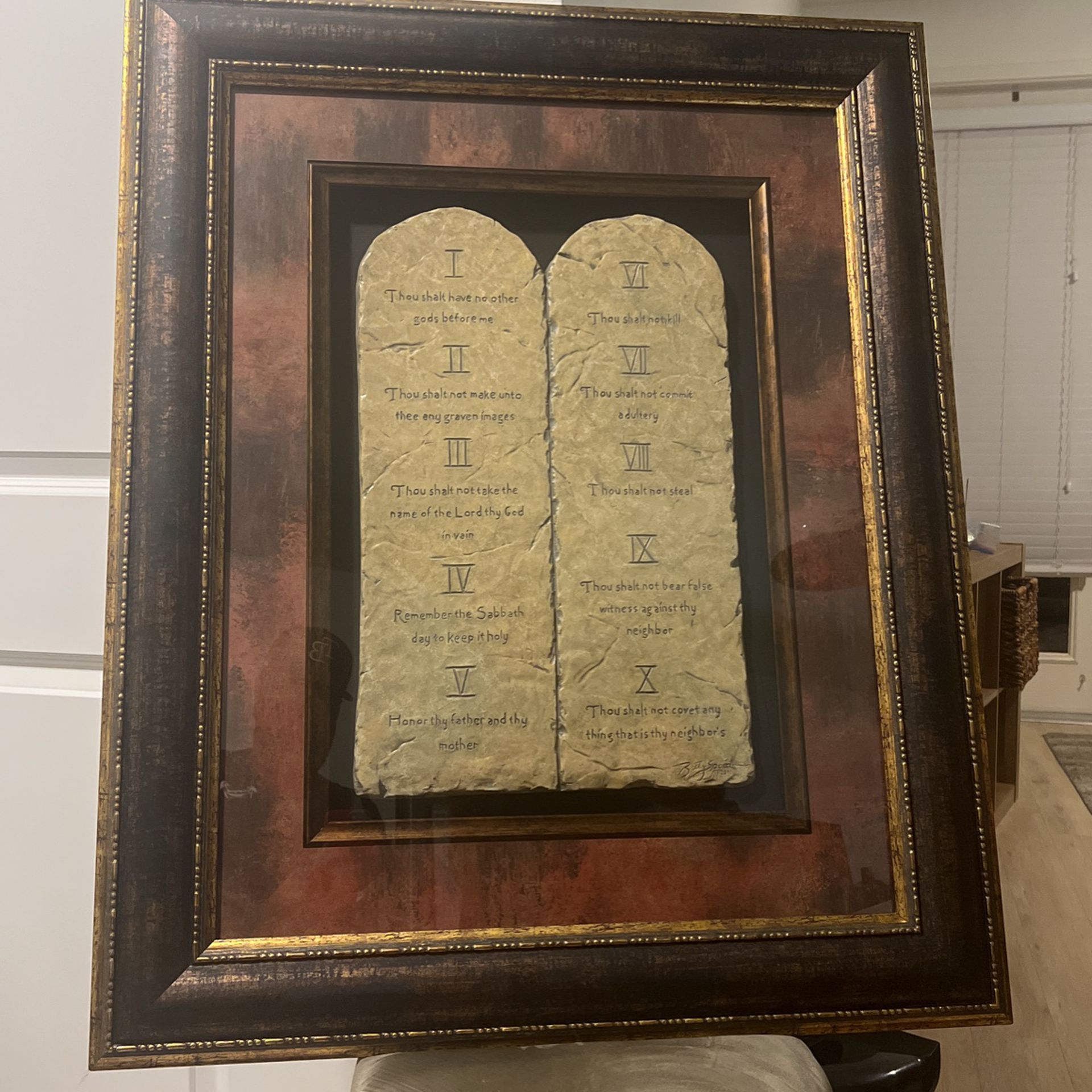 TEN COMMANDMENTS  IN VERY NICE PICTURE FRAME /REAL STONE TABLETS 29x37 FRAME