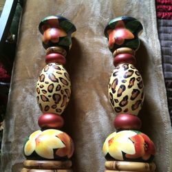New Pair Of Wooden Safari Candleholders 