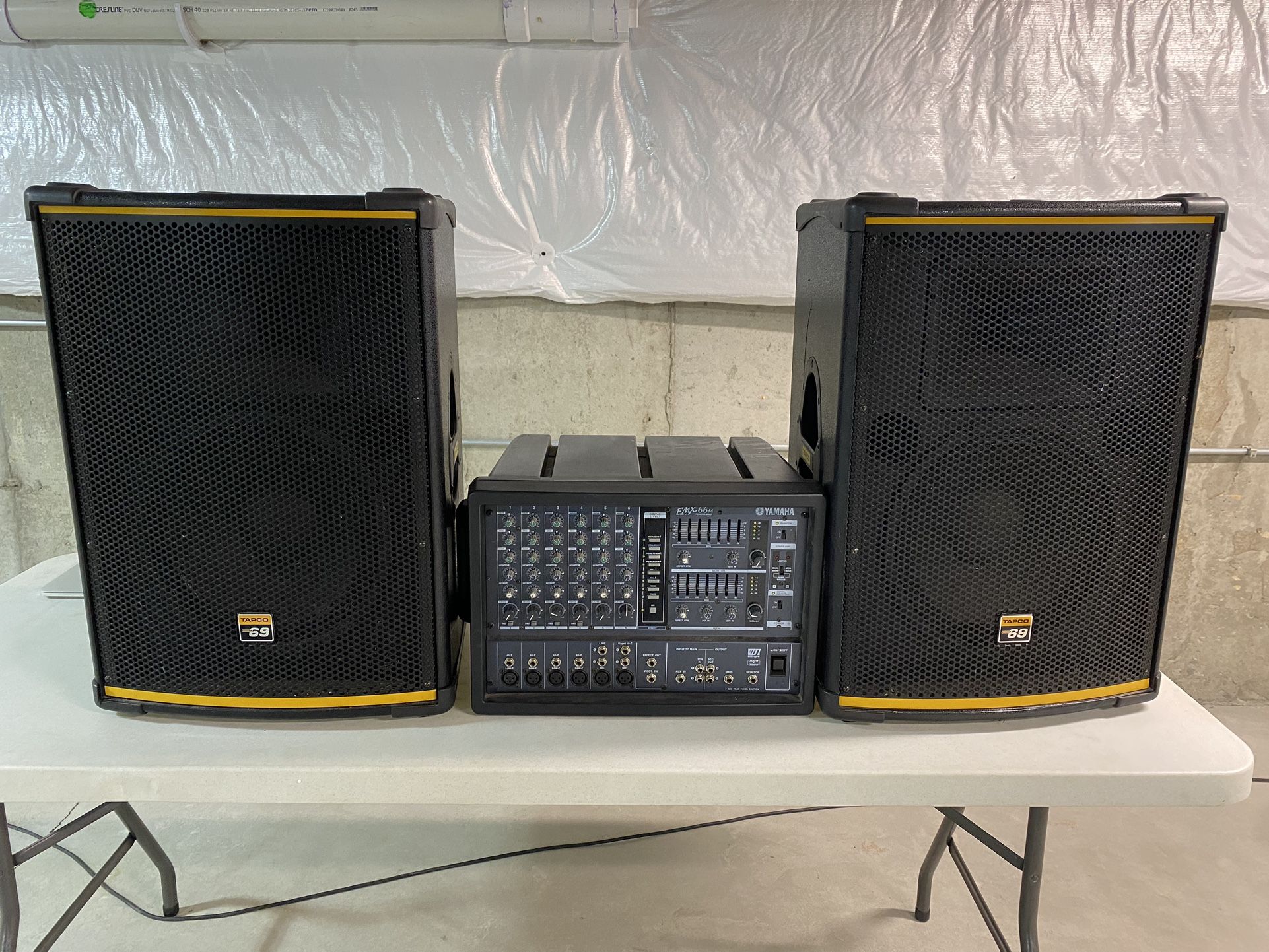 Yamaha EMX66M Powered Mixer and (2) Tapco 69 15inch passive speakers
