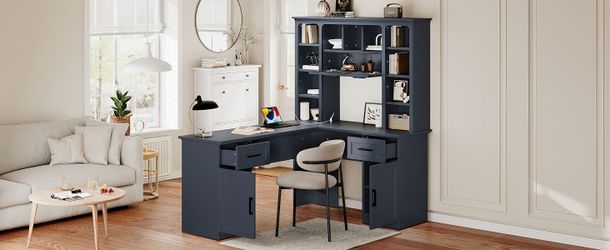 L-Shaped Computer Desk with 2 Cabinets and 2 Drawers, 11 Open Shelves and 1 Right Flip Shelf with Storage, with Power Outlet, for Study, Living Room a