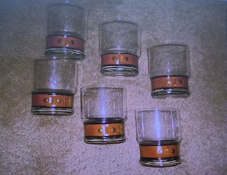 6 Vintage Smokey Gray Mid Century Modern Whiskey Glasses Faux Leather Glasses