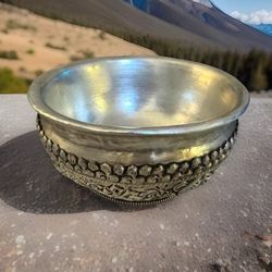 Stunning  medium Hand Carved Traditional Tibetan Auspicious Floral Pattern Rice Wine Bowl & Tea Cup 4.5”inch Wide.