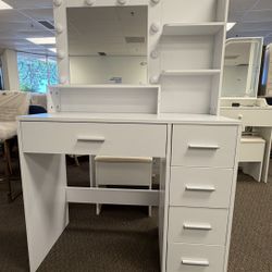 Vanity Desk with Mirror & Lights, Makeup Vanity with 5 Drawers & Storage Shelves, White Vanity Table, 3 Color Modes & Adjustable Brightness, Dressing 