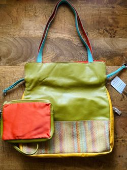 Genuine Leather Color block Shoulder Tote Bag NEW