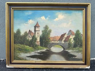 Vintage Oil Painting European Village Bridge Landscape Framed Signed